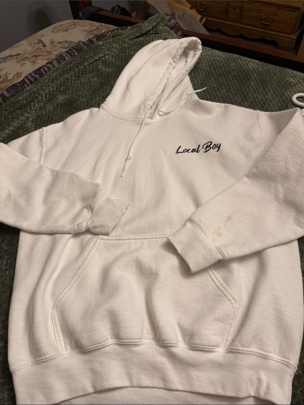 Gildan White Hoodie with 'Local Boy' Chest Script